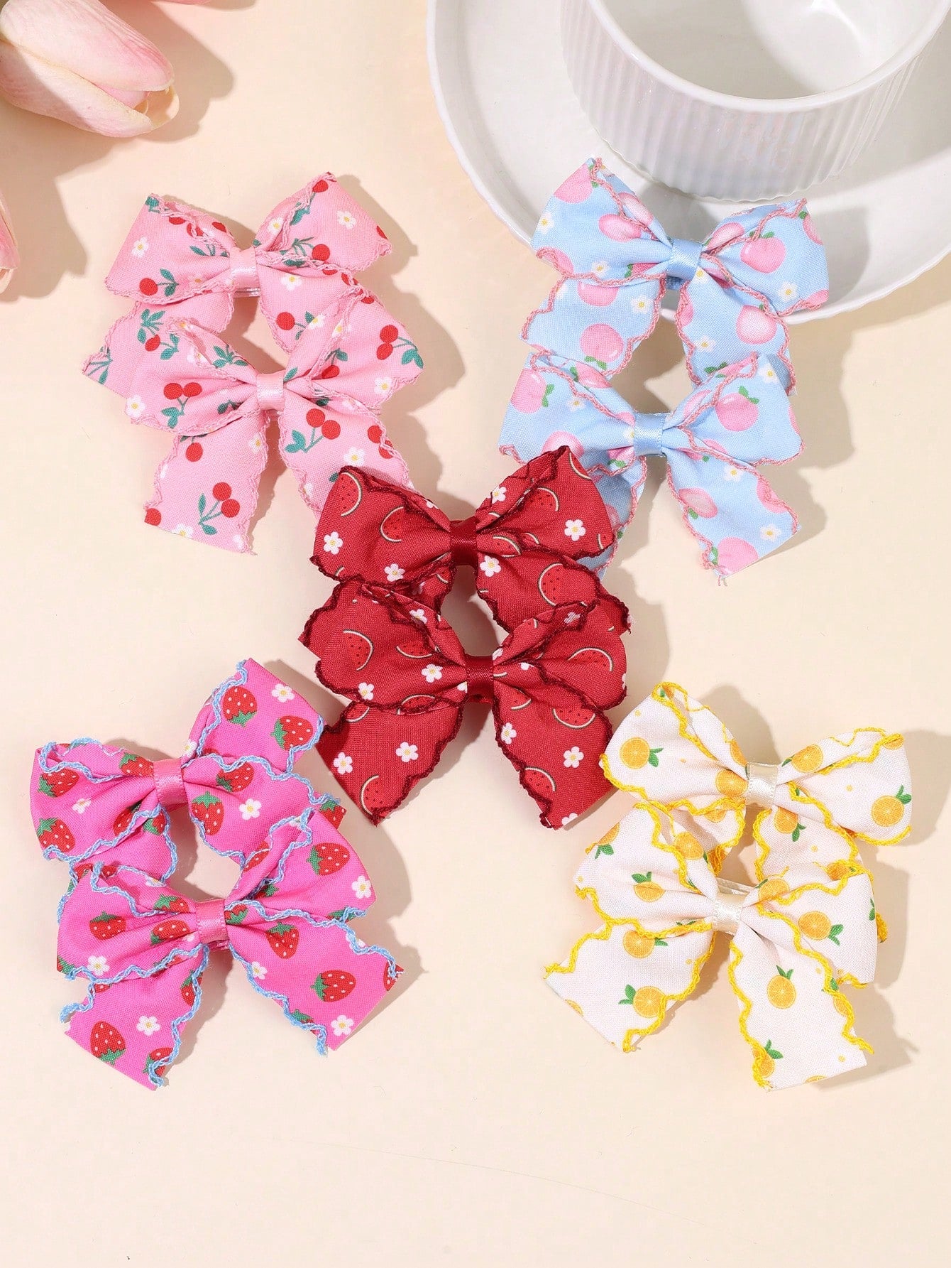 10pcs/Set Girls Fruit Hair Clips, Cute Fruit Bow Hair Clips, Candy Color Fruit Hair Pins With Embroidery Ruffle Edge, Toddler Hair Accessories For Holiday Party