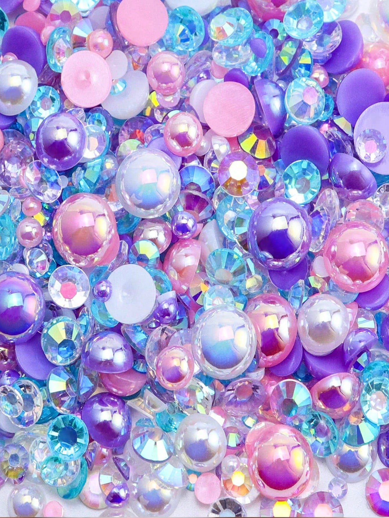 1100pcs Flat Back Pearl And Rhinestone Mix, 30g Purple & Pink Assorted Size 3mm-10mm AB Color Resin Rhinestones, Half Round Flat Back Pearl Rhinestones, For Nail, Face Art, Crafts, Jewelry, Bottles, C
