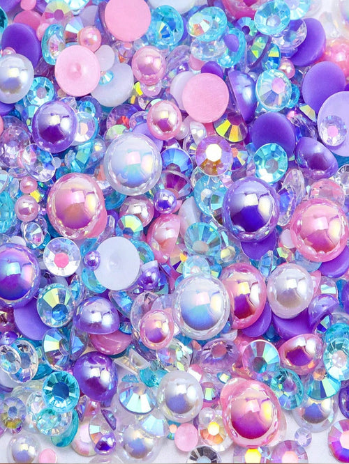 1100pcs Flat Back Pearl And Rhinestone Mix, 30g Purple & Pink Assorted Size 3mm-10mm AB Color Resin Rhinestones, Half Round Flat Back Pearl Rhinestones, For Nail, Face Art, Crafts, Jewelry, Bottles, C