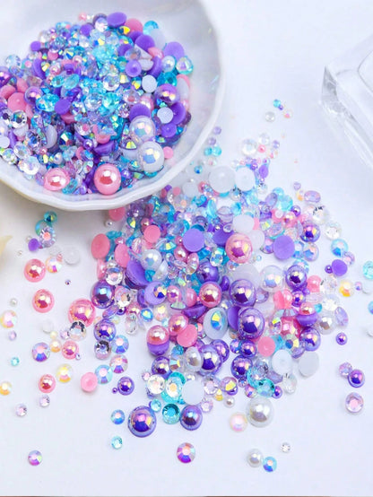 1100pcs Flat Back Pearl And Rhinestone Mix, 30g Purple & Pink Assorted Size 3mm-10mm AB Color Resin Rhinestones, Half Round Flat Back Pearl Rhinestones, For Nail, Face Art, Crafts, Jewelry, Bottles, C