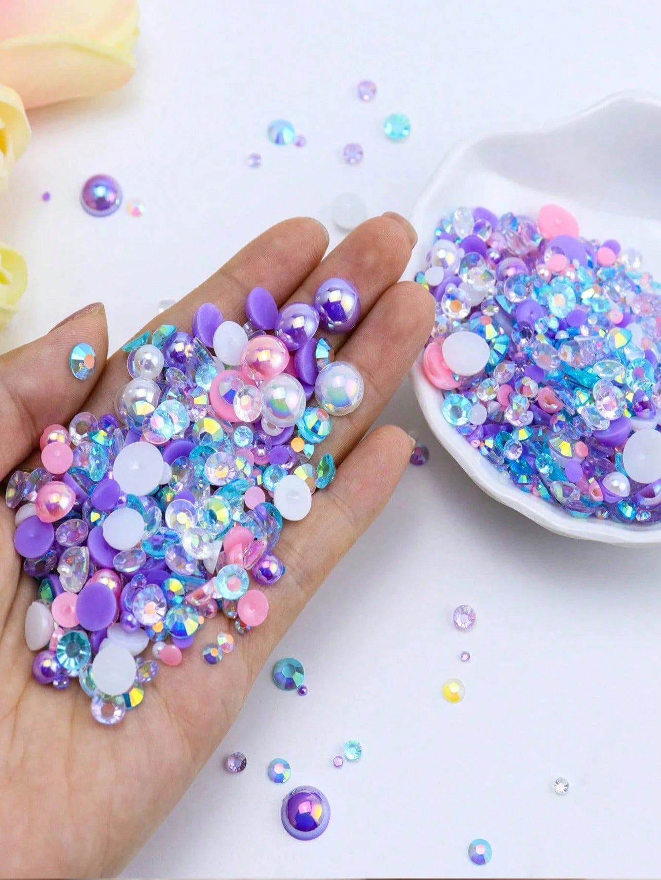 1100pcs Flat Back Pearl And Rhinestone Mix, 30g Purple & Pink Assorted Size 3mm-10mm AB Color Resin Rhinestones, Half Round Flat Back Pearl Rhinestones, For Nail, Face Art, Crafts, Jewelry, Bottles, C