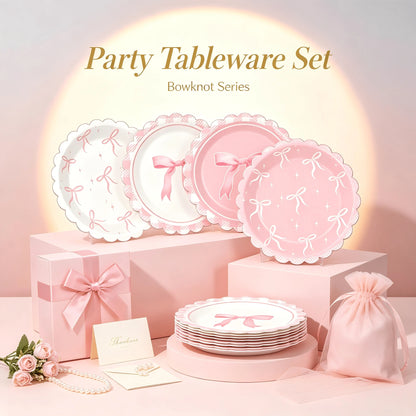 12/24/32pcs Pink Coquette Bow Party Paper Tableware Set, Includes 7-Inch Bow Plates And Decorative Accents, French Chic Birthday Party Supplies; Suitable For Girls' Birthday, Bachelorette Party, Brida