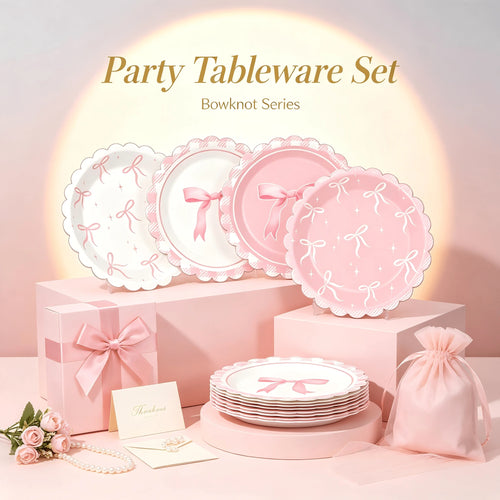 12/24/32pcs Pink Coquette Bow Party Paper Tableware Set, Includes 7-Inch Bow Plates And Decorative Accents, French Chic Birthday Party Supplies; Suitable For Girls' Birthday, Bachelorette Party, Brida