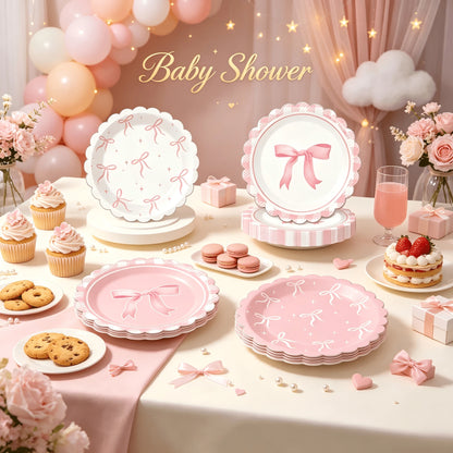 12/24/32pcs Pink Coquette Bow Party Paper Tableware Set, Includes 7-Inch Bow Plates And Decorative Accents, French Chic Birthday Party Supplies; Suitable For Girls' Birthday, Bachelorette Party, Brida