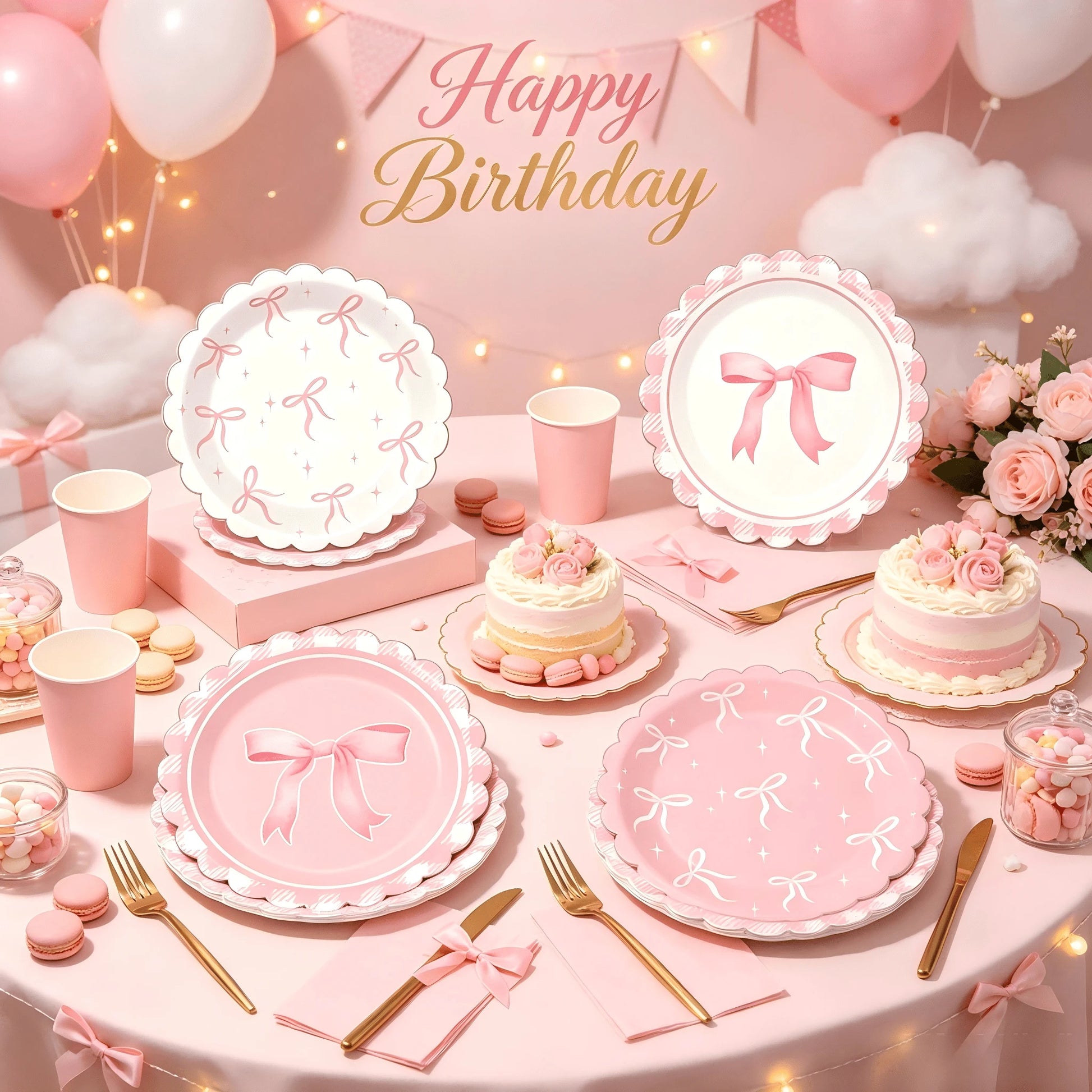 12/24/32pcs Pink Coquette Bow Party Paper Tableware Set, Includes 7-Inch Bow Plates And Decorative Accents, French Chic Birthday Party Supplies; Suitable For Girls' Birthday, Bachelorette Party, Brida