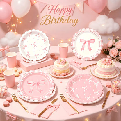 12/24/32pcs Pink Coquette Bow Party Paper Tableware Set, Includes 7-Inch Bow Plates And Decorative Accents, French Chic Birthday Party Supplies; Suitable For Girls' Birthday, Bachelorette Party, Brida