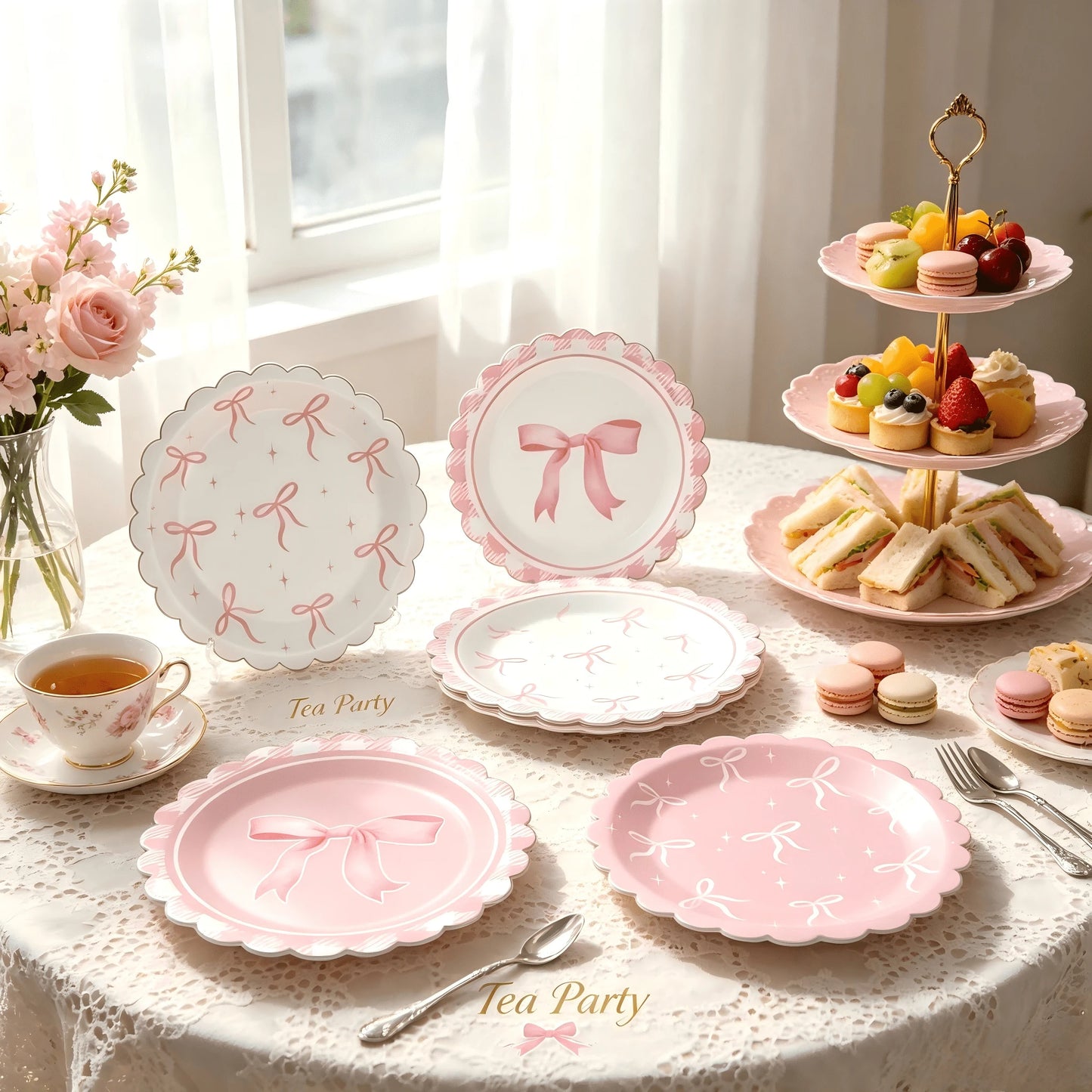 12/24/32pcs Pink Coquette Bow Party Paper Tableware Set, Includes 7-Inch Bow Plates And Decorative Accents, French Chic Birthday Party Supplies; Suitable For Girls' Birthday, Bachelorette Party, Brida
