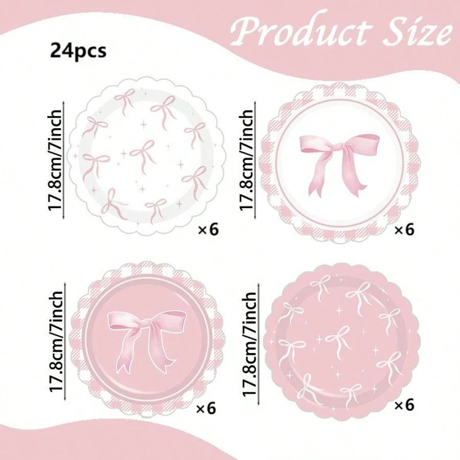 12/24/32pcs Pink Coquette Bow Party Paper Tableware Set, Includes 7-Inch Bow Plates And Decorative Accents, French Chic Birthday Party Supplies; Suitable For Girls' Birthday, Bachelorette Party, Brida