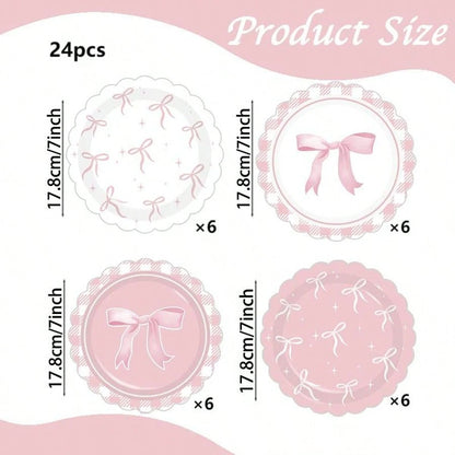 12/24/32pcs Pink Coquette Bow Party Paper Tableware Set, Includes 7-Inch Bow Plates And Decorative Accents, French Chic Birthday Party Supplies; Suitable For Girls' Birthday, Bachelorette Party, Brida