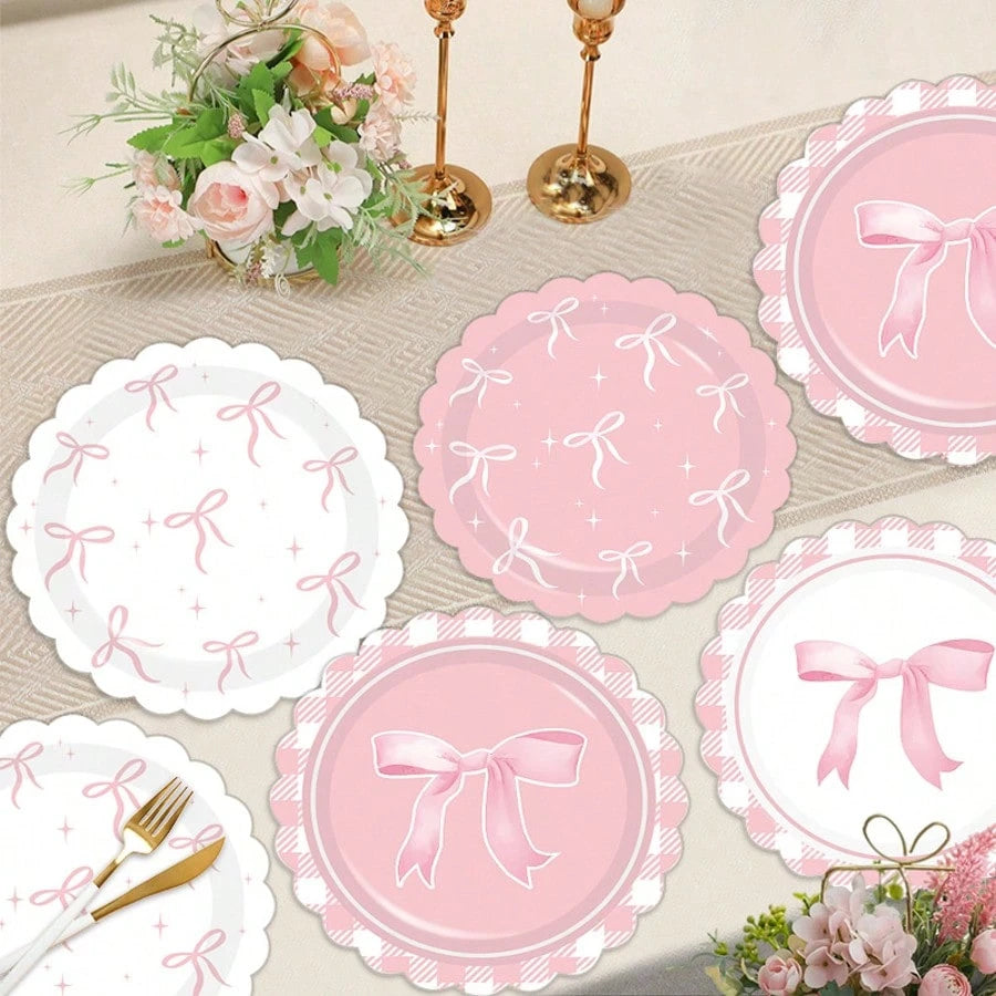 12/24/32pcs Pink Coquette Bow Party Paper Tableware Set, Includes 7-Inch Bow Plates And Decorative Accents, French Chic Birthday Party Supplies; Suitable For Girls' Birthday, Bachelorette Party, Brida