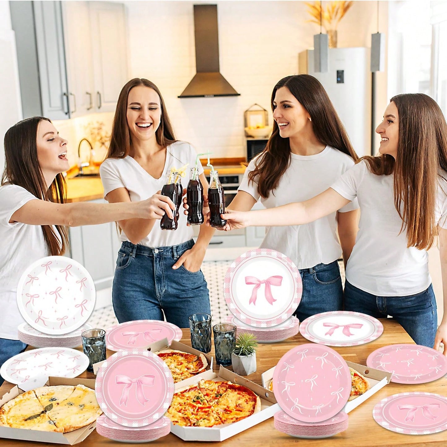 12/24/32pcs Pink Coquette Bow Party Paper Tableware Set, Includes 7-Inch Bow Plates And Decorative Accents, French Chic Birthday Party Supplies; Suitable For Girls' Birthday, Bachelorette Party, Brida