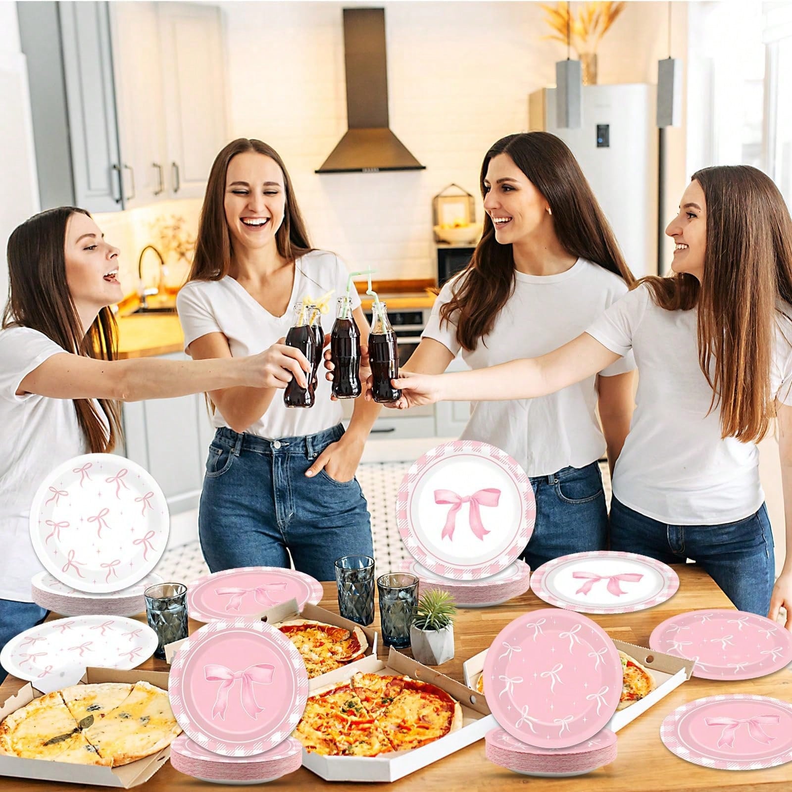 12/24/32pcs Pink Coquette Bow Party Paper Tableware Set, Includes 7-Inch Bow Plates And Decorative Accents, French Chic Birthday Party Supplies; Suitable For Girls' Birthday, Bachelorette Party, Brida