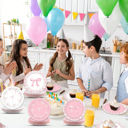 12/24/32pcs Pink Coquette Bow Party Paper Tableware Set, Includes 7-Inch Bow Plates And Decorative Accents, French Chic Birthday Party Supplies; Suitable For Girls' Birthday, Bachelorette Party, Brida