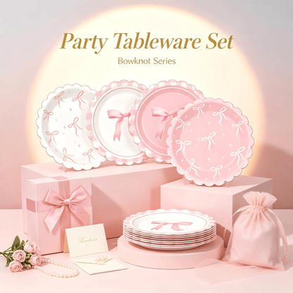12/24/32pcs Pink Coquette Bow Party Paper Tableware Set, Includes 7-Inch Bow Plates And Decorative Accents, French Chic Birthday Party Supplies; Suitable For Girls' Birthday, Bachelorette Party, Brida