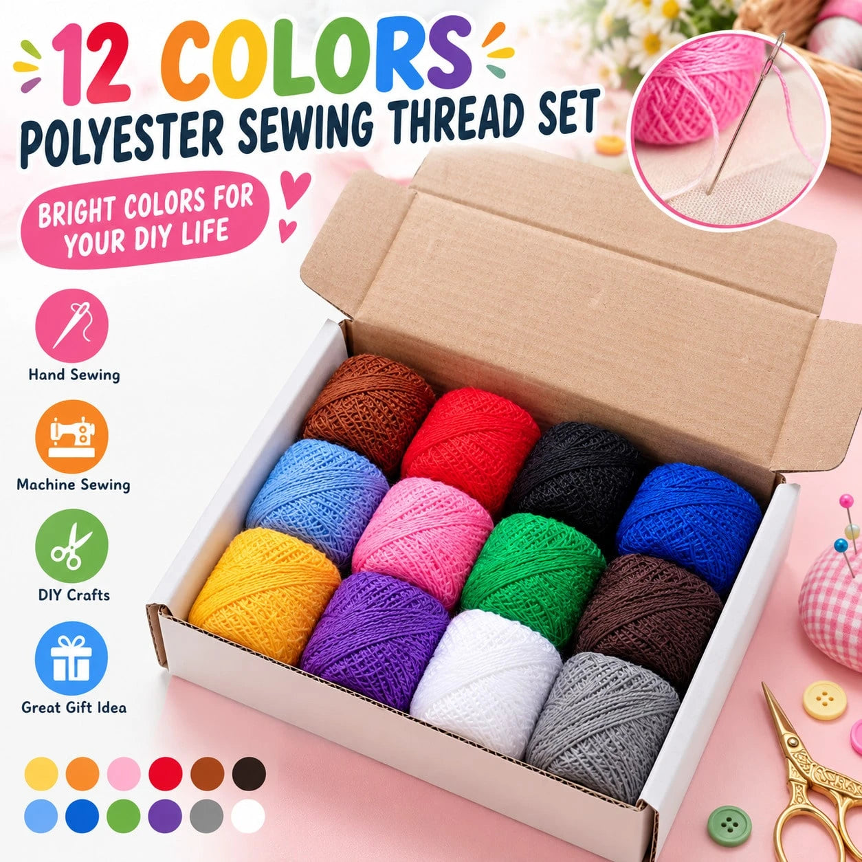 12 Colors Polyester Sewing Thread Balls Set, Bright Multi Color Thread For Hand Machine Sewing Clothes Repair Embroidery DIY Craft Gift