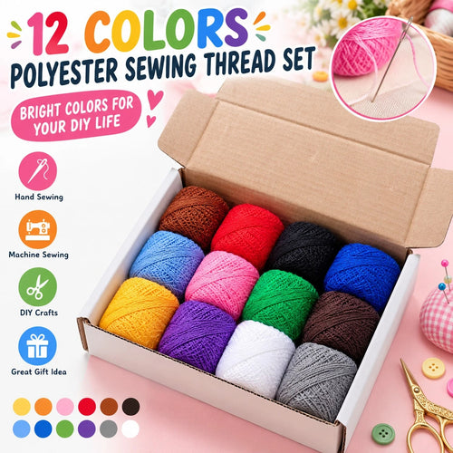 12 Colors Polyester Sewing Thread Balls Set, Bright Multi Color Thread For Hand Machine Sewing Clothes Repair Embroidery DIY Craft Gift