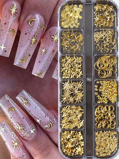 12-Grid Gold Moon & Star Metal Nail Art Charms, 3D Y2K Jewelry Rhinestone Steel Ball Nail Decor, DIY Nail Gem Supplies