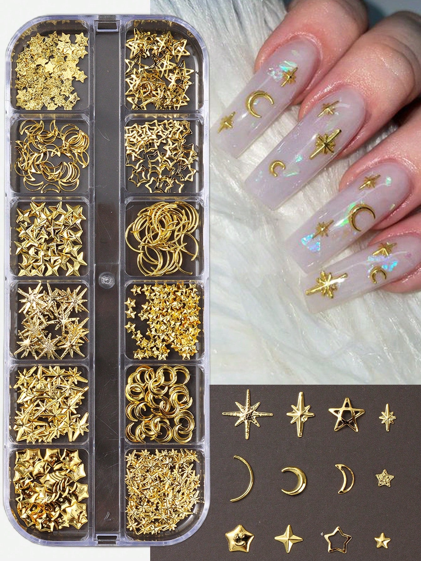 12-Grid Gold Moon & Star Metal Nail Art Charms, 3D Y2K Jewelry Rhinestone Steel Ball Nail Decor, DIY Nail Gem Supplies