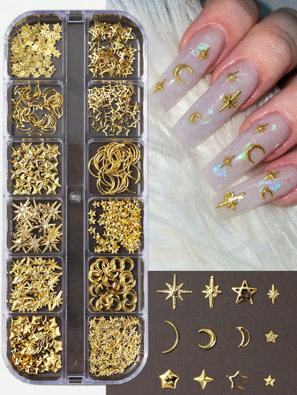 12-Grid Gold Moon & Star Metal Nail Art Charms, 3D Y2K Jewelry Rhinestone Steel Ball Nail Decor, DIY Nail Gem Supplies