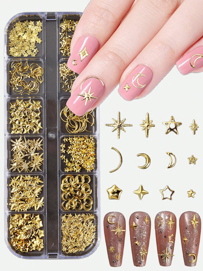 12-Grid Gold Moon & Star Metal Nail Art Charms, 3D Y2K Jewelry Rhinestone Steel Ball Nail Decor, DIY Nail Gem Supplies