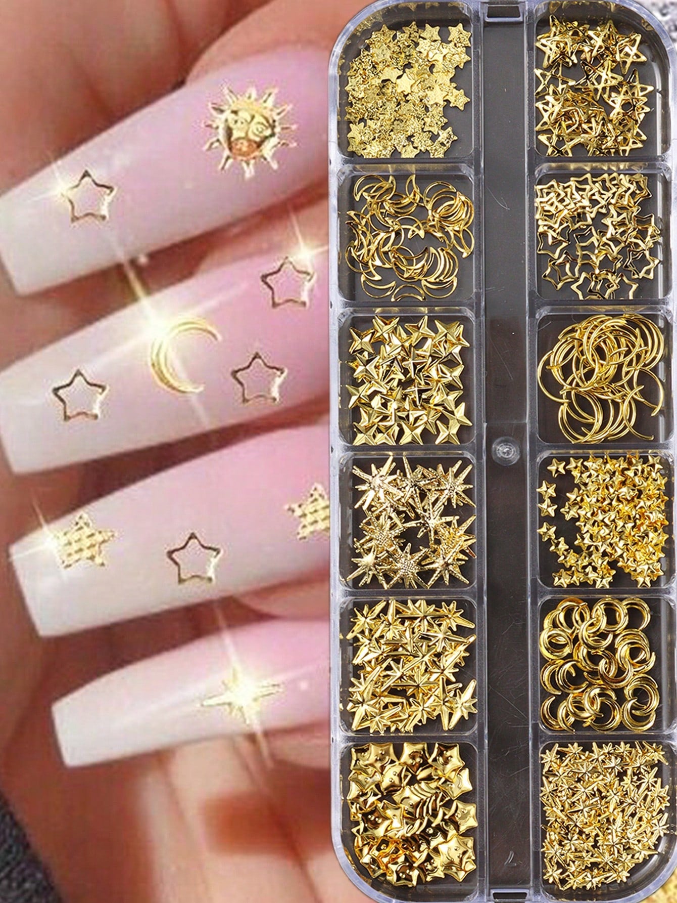 12-Grid Gold Moon & Star Metal Nail Art Charms, 3D Y2K Jewelry Rhinestone Steel Ball Nail Decor, DIY Nail Gem Supplies