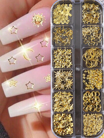 12-Grid Gold Moon & Star Metal Nail Art Charms, 3D Y2K Jewelry Rhinestone Steel Ball Nail Decor, DIY Nail Gem Supplies
