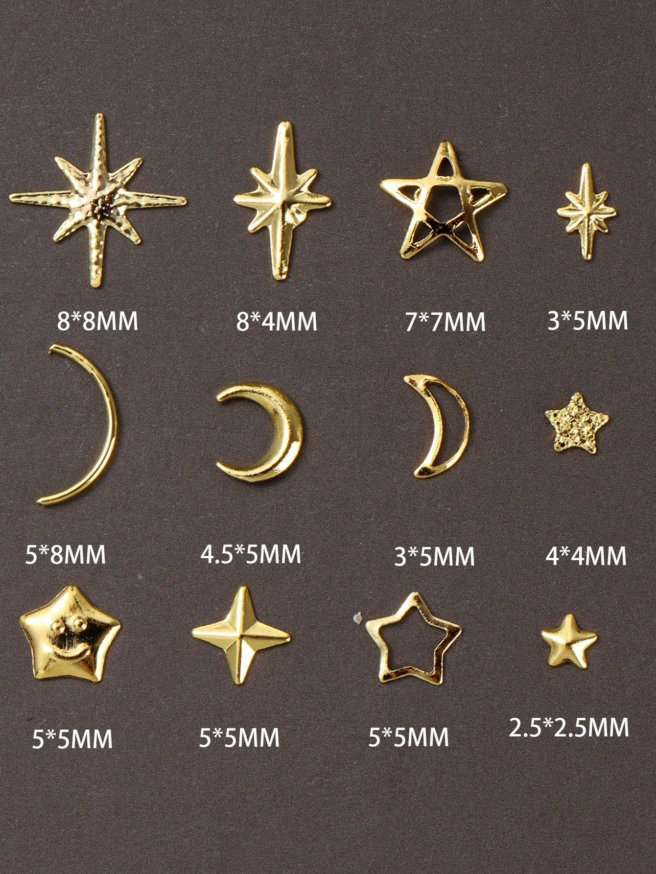 12-Grid Gold Moon & Star Metal Nail Art Charms, 3D Y2K Jewelry Rhinestone Steel Ball Nail Decor, DIY Nail Gem Supplies
