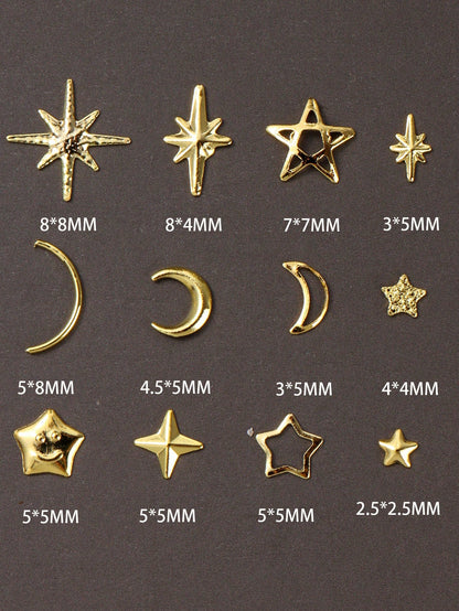 12-Grid Gold Moon & Star Metal Nail Art Charms, 3D Y2K Jewelry Rhinestone Steel Ball Nail Decor, DIY Nail Gem Supplies