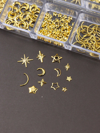 12-Grid Gold Moon & Star Metal Nail Art Charms, 3D Y2K Jewelry Rhinestone Steel Ball Nail Decor, DIY Nail Gem Supplies