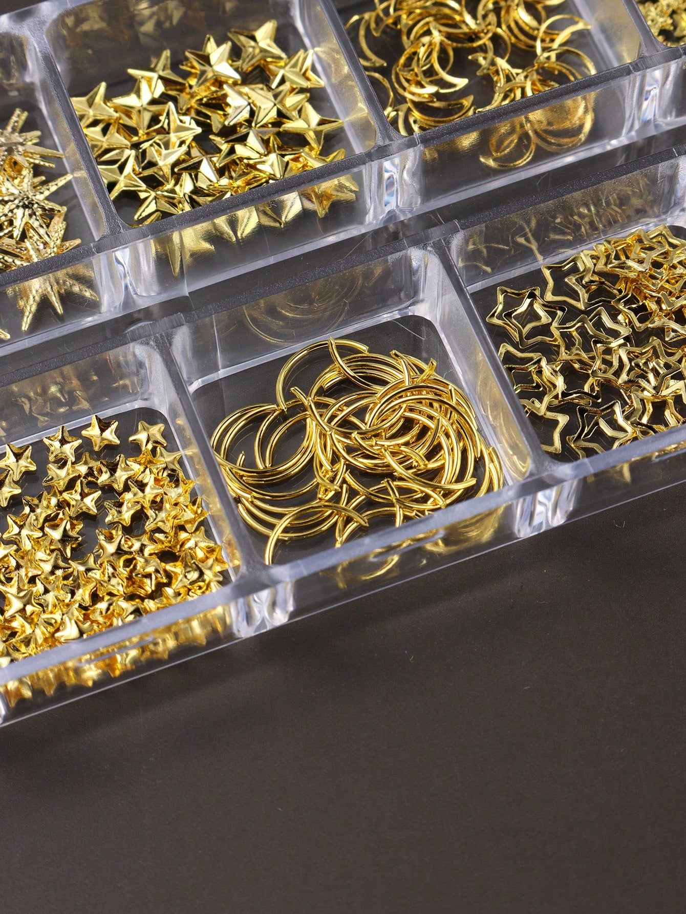 12-Grid Gold Moon & Star Metal Nail Art Charms, 3D Y2K Jewelry Rhinestone Steel Ball Nail Decor, DIY Nail Gem Supplies