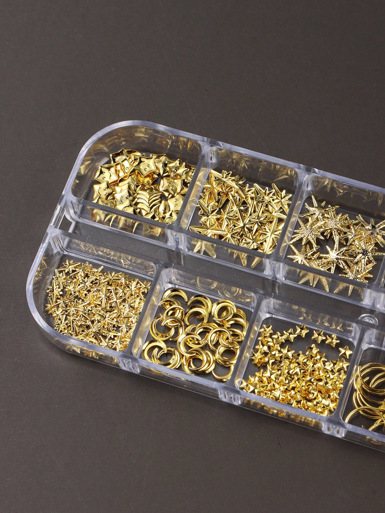 12-Grid Gold Moon & Star Metal Nail Art Charms, 3D Y2K Jewelry Rhinestone Steel Ball Nail Decor, DIY Nail Gem Supplies