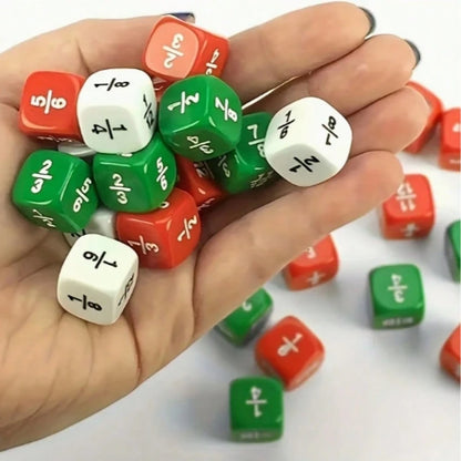 12pcs 16mm Round Fraction Dice, For Math Education- 1/2, 1/3, 1/4, 1/5, 1/6, 1/8- Suitable For School And Home Teaching