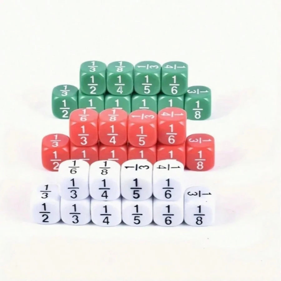 12pcs 16mm Round Fraction Dice, For Math Education- 1/2, 1/3, 1/4, 1/5, 1/6, 1/8- Suitable For School And Home Teaching