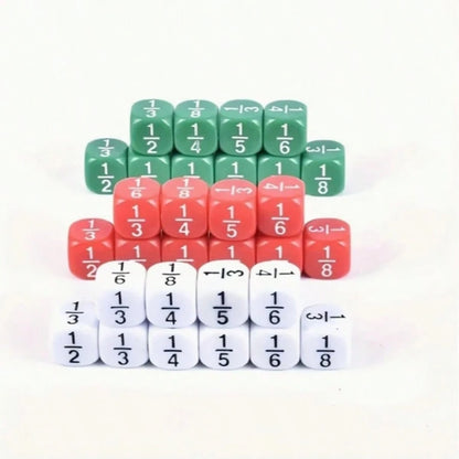 12pcs 16mm Round Fraction Dice, For Math Education- 1/2, 1/3, 1/4, 1/5, 1/6, 1/8- Suitable For School And Home Teaching