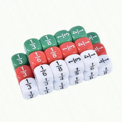 12pcs 16mm Round Fraction Dice, For Math Education- 1/2, 1/3, 1/4, 1/5, 1/6, 1/8- Suitable For School And Home Teaching