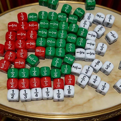 12pcs 16mm Round Fraction Dice, For Math Education- 1/2, 1/3, 1/4, 1/5, 1/6, 1/8- Suitable For School And Home Teaching