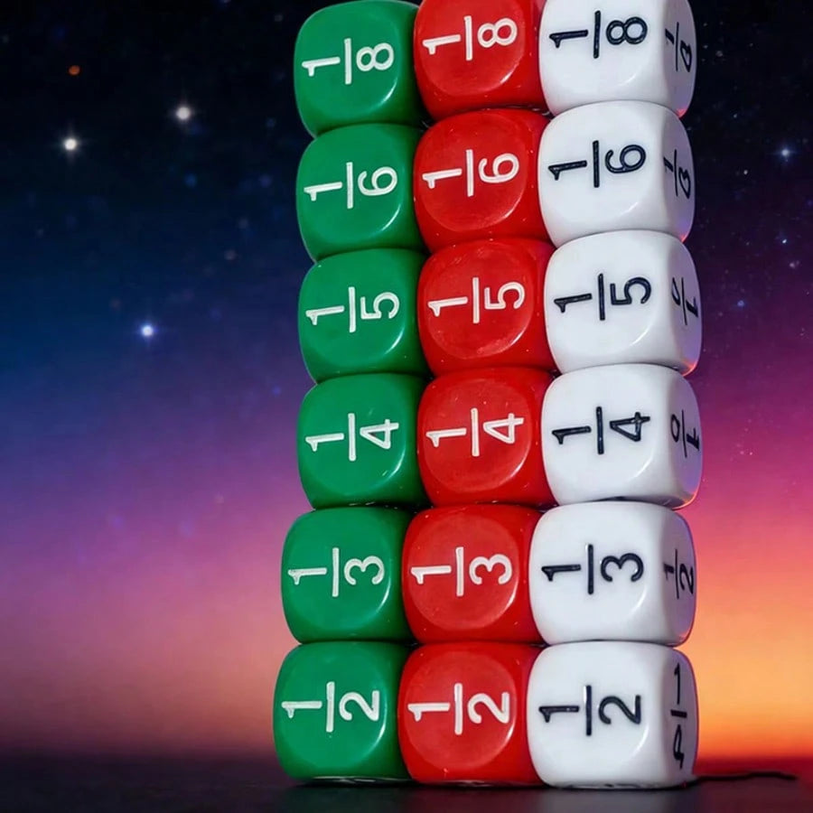 12pcs 16mm Round Fraction Dice, For Math Education- 1/2, 1/3, 1/4, 1/5, 1/6, 1/8- Suitable For School And Home Teaching