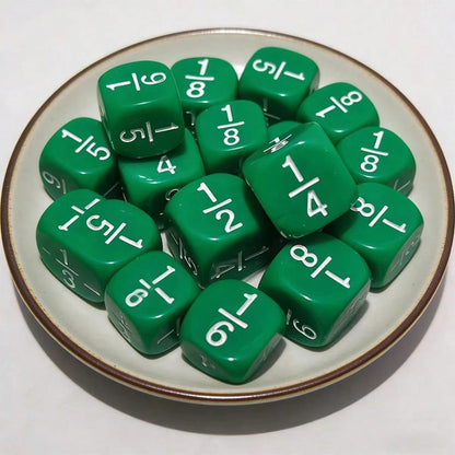 12pcs 16mm Round Fraction Dice, For Math Education- 1/2, 1/3, 1/4, 1/5, 1/6, 1/8- Suitable For School And Home Teaching