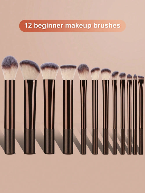 12pcs Professional Soft Hair Long Aluminum Tube Makeup Brush Set, Including Foundation Brush, Eyeshadow Brush, Eyebrow Brush, Blending Brush, Highlighter Brush, Concealer Brush, Suitable For Daily Use