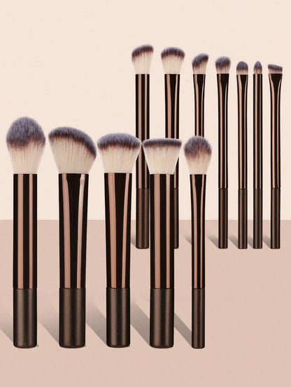 12pcs Professional Soft Hair Long Aluminum Tube Makeup Brush Set, Including Foundation Brush, Eyeshadow Brush, Eyebrow Brush, Blending Brush, Highlighter Brush, Concealer Brush, Suitable For Daily Use