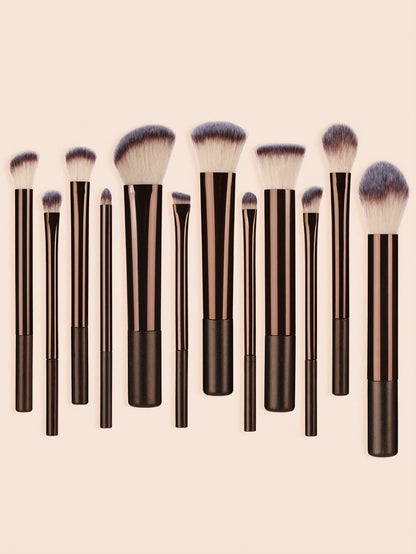 12pcs Professional Soft Hair Long Aluminum Tube Makeup Brush Set, Including Foundation Brush, Eyeshadow Brush, Eyebrow Brush, Blending Brush, Highlighter Brush, Concealer Brush, Suitable For Daily Use