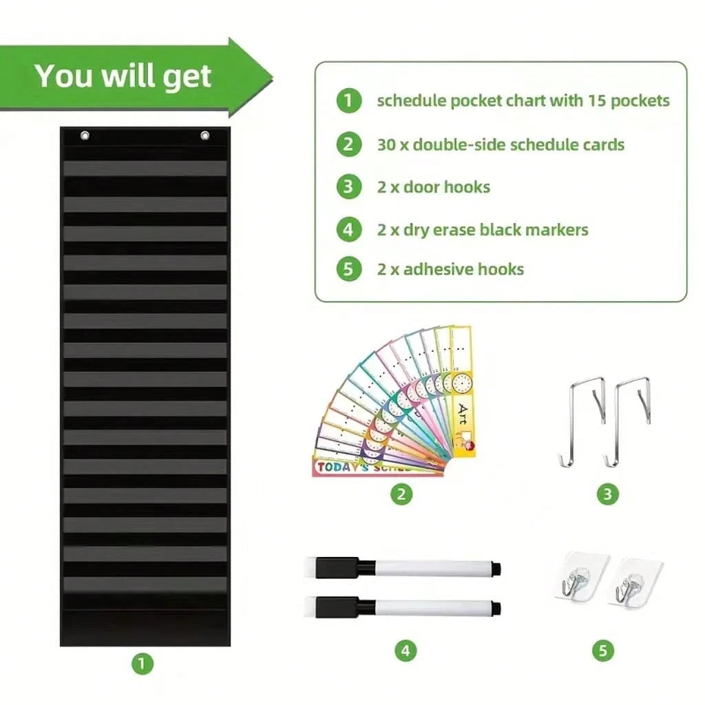 15+1 Pockets Daily Schedule Pocket Chart With 30 Pcs Double-Sided Reusable Cards, Scheduling Pocket Chart For Classroom Office Home Preschool Activity(Black)