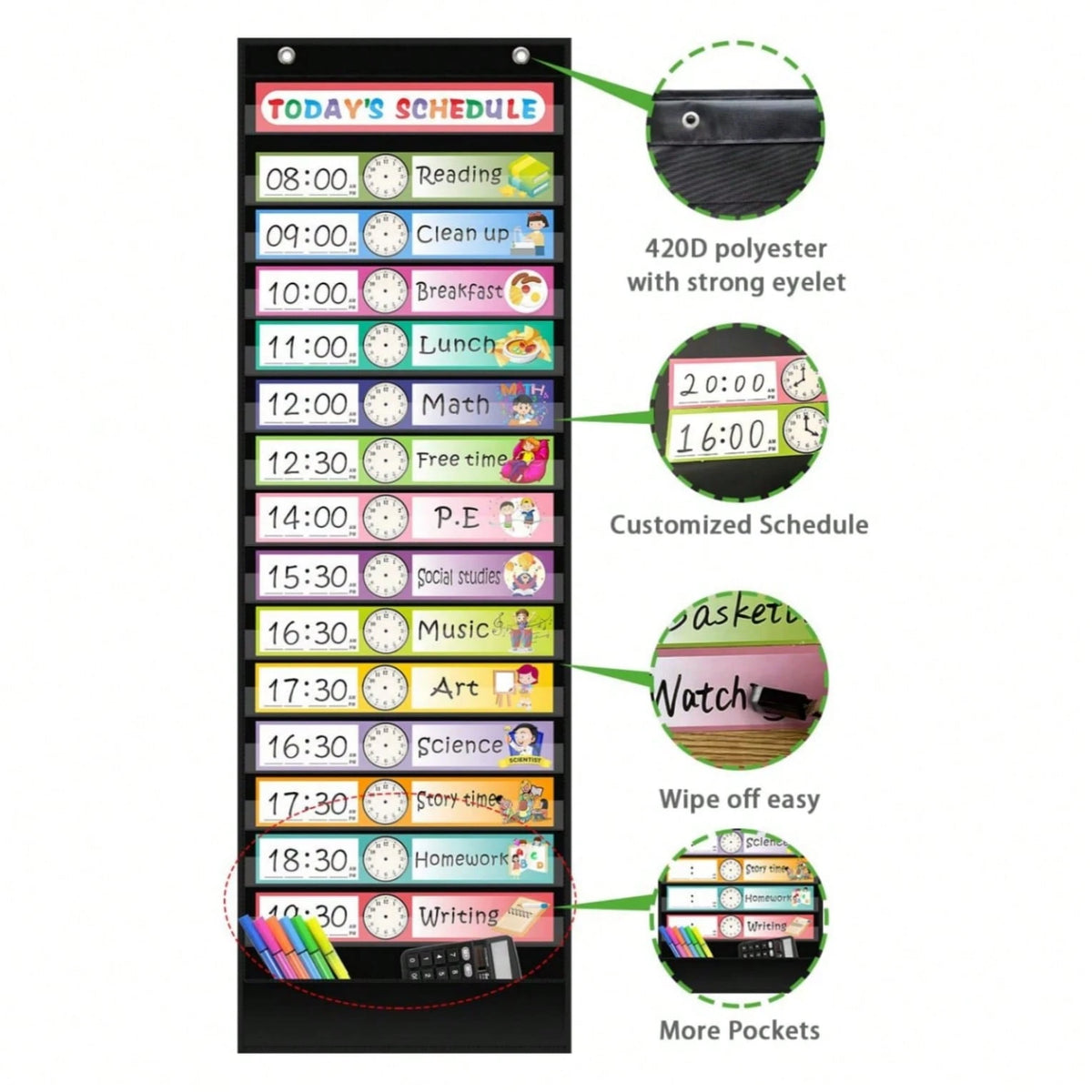 15+1 Pockets Daily Schedule Pocket Chart With 30 Pcs Double-Sided Reusable Cards, Scheduling Pocket Chart For Classroom Office Home Preschool Activity(Black)
