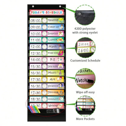 15+1 Pockets Daily Schedule Pocket Chart With 30 Pcs Double-Sided Reusable Cards, Scheduling Pocket Chart For Classroom Office Home Preschool Activity(Black)