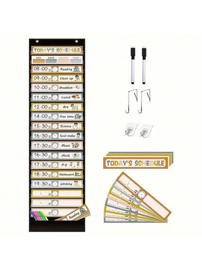 15+1 Pockets Daily Schedule Pocket Chart With 30 Pcs Double-Sided Reusable Cards, Scheduling Pocket Chart For Classroom Office Home Preschool Activity(Black)