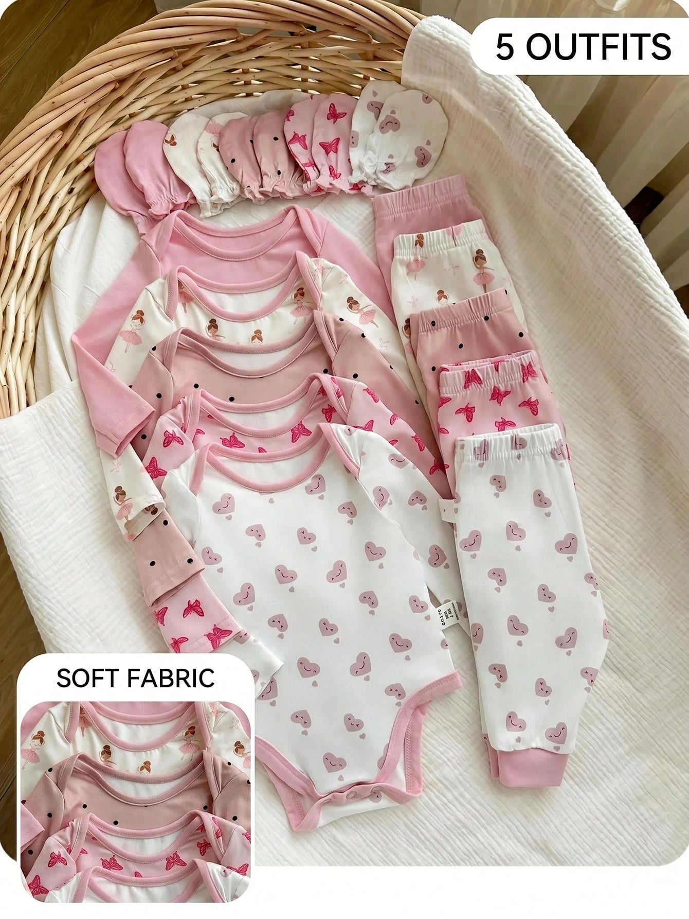 15-Piece Set Newborn Baby Girl Cute White Autumn Knitted Polka Dot Long-Sleeved Jumpsuit,Printed Trousers & Gloves,Family Matching Soft Winter Clothes