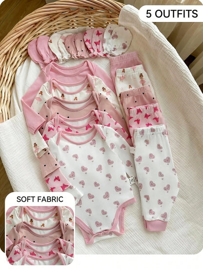 15-Piece Set Newborn Baby Girl Cute White Autumn Knitted Polka Dot Long-Sleeved Jumpsuit,Printed Trousers & Gloves,Family Matching Soft Winter Clothes