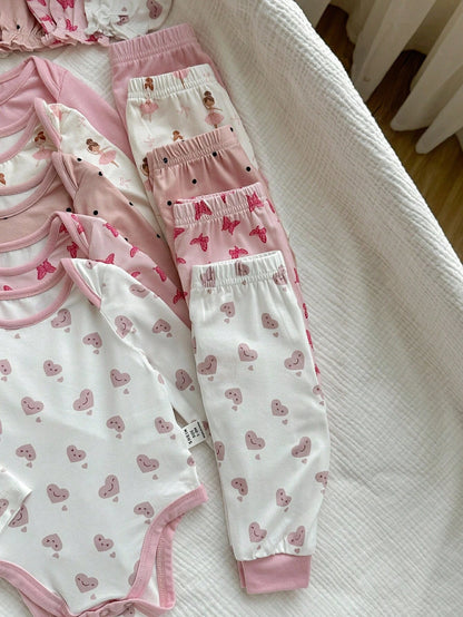 15-Piece Set Newborn Baby Girl Cute White Autumn Knitted Polka Dot Long-Sleeved Jumpsuit,Printed Trousers & Gloves,Family Matching Soft Winter Clothes