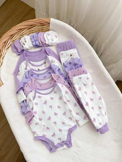 15-Piece Set Newborn Baby Girl Cute White Autumn Knitted Polka Dot Long-Sleeved Jumpsuit,Printed Trousers & Gloves,Family Matching Soft Winter Clothes