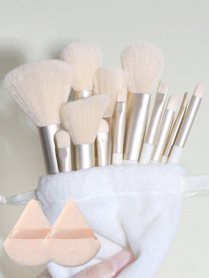 15pcs Makeup Brush Set, Includes 2pcs Apricot Triangle Powder Puffs, Soft And Fitting, Plus 13pcs Makeup Brush Set, Blush, Liquid Lipstick, Eyebrow Pencil, Lipstick, Concealer, Eyeshadow, Highlighter
